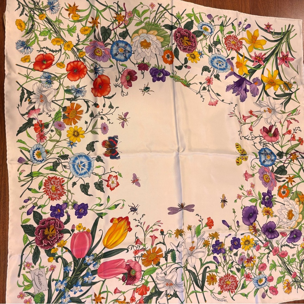 Gucci Floral Silk Scarf with Yellow and Blue Accents